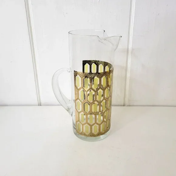 West Virginia Glass Gold Hexagon Pitcher Vintage MCM Madrid - Picture 1 of 8